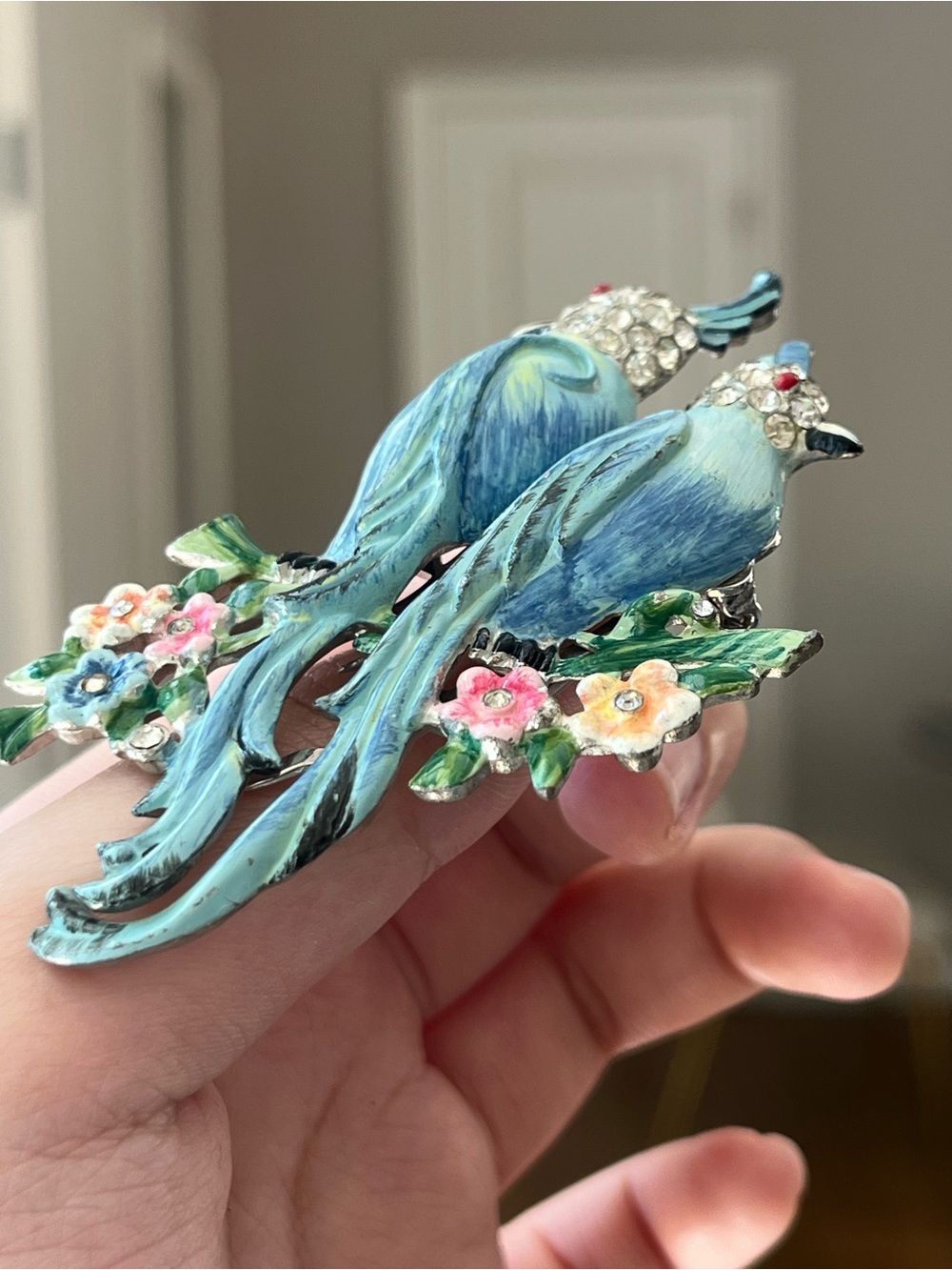 Vintage Coro Book Piece Parrot Duette Love Birds Blue Enamel Brooch Fur Clip Pin - Picture 6 of 13